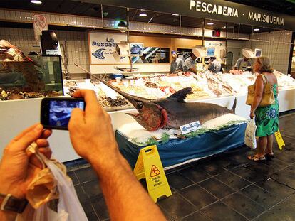 El pez espada de 400 kilos <i>posa</i> en el mercado de San Antón en Madrid.