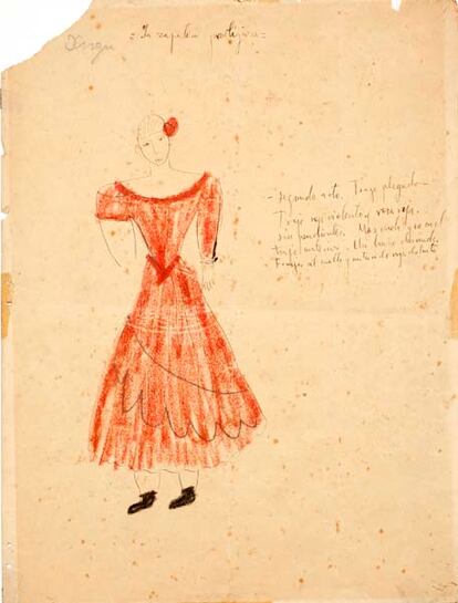 Los dibujos de Federico García Lorca para "La Zapatera Prodigiosa" (1930), a subasta. Inscripción del autor: "La zapatera prodigiosa. Segunda acto. Traje plegado. Traje rojo violento y rosa roja. Sin pendientes. Más verde que en el traje anterior. Un brazo desnudo. Franjas al cuello y cintura de rojo distinto".