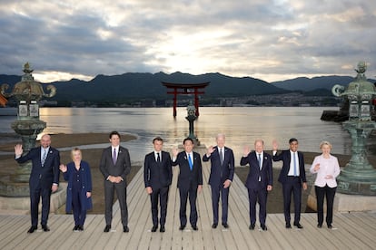 Cumbre del G7 en Hiroshima (Japón), en mayo. De izquierda a derecha, Charles Michel (Consejo Europeo), Giorgia Meloni (Italia), Justin Trudeau (Canadá), Emmanuel Macron (Francia), Fumio Kishida (Japón), Joe Biden (EE UU), Olaf Scholz (Alemania), Rishi Sunak (Reino Unido) y Ursula Von der Leyen (Comisión Europea).