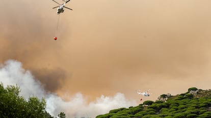 Dos aeronaves trabajan en el incendio del paraje La Peña, este martes en Tarifa, Cádiz.