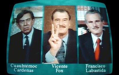 Cuauhtémoc Cárdenas, Vicente Fox y Francisco Labastida, en el noticiero en que discutían los términos del debate presidencial.
