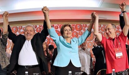 Rousseff, Lula y el presidente del Partido del Trabajo.  