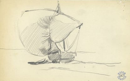 Dibujo de una barca en el que Sorolla hace un estudio del sobreado a base de líneas diagonales (1903-1904).