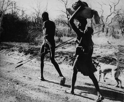 Fotografía de 1956. Meneses escribe: "'La familia humana', foto tomada a unos 30 km de la frontera entre Sudán y Uganda, cerca del puerto fluvial de Nimulé. El hombre sólo se digna a llevar un par de azagayas y camina delante de la familia. La mujer carga con el niño y los enseres de la casa. El perro, el amigo del hombre, les sigue. La sombra indican que caminan hacia el futuro".