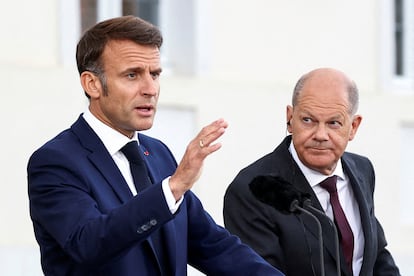 Emmanuel Macron and Olaf Scholz in Berlin, on May 28.