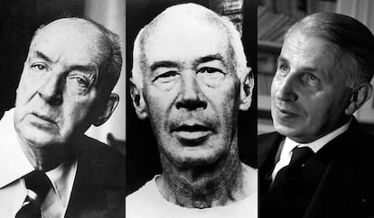 De izquierda a derecha, los escritores Vladímir Nabokov, Henry Miller y Georges Bataille.