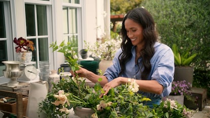 Meghan Markle prepares a flower arrangement in the Netflix show 'With Love, Meghan.'