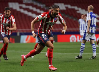 Carrasco celebra su gol ante la Real Sociedad este miércoles en el Wanda Metropolitano.