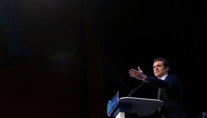 Pablo Casado durante el acto de presentación de los candidatos del PP a la alcaldía de Madrid.