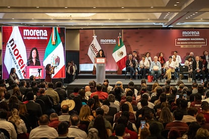 Luis María Alcalde durante su discurso en el Consejo Nacional de Morena, en Ciudad de México.