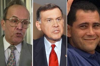 De izquierda a derecha, Ricardo Alarcón, presidente de la Asamblea Nacional cubana; Mel Martínez, senador republicano por el Estado de Florida, y Juan Miguel González, el padre de Elián, el niño balsero.