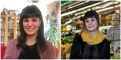 A la izquierda, Sonia Alonso, creadora de la aplicación '¿Tienes sal?' durante el confinamiento. A la derecha, en mayo de 2019 en el Mercado de Chamberí retratada por Julián Rojas