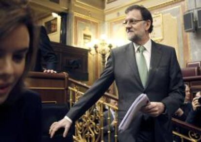 El presidente del Gobierno, Mariano Rajoy, a su llegada a la sesin de control al Ejecutivo que se celebra hoy en el Congreso de los Diputados.