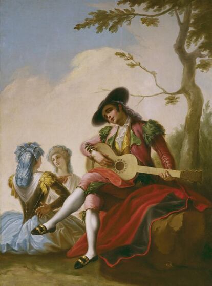 'Majo de la guitarra', de Bayeu (1778). Goya se casó con la hija de este artista, lo que le permitió recibir cada vez más encargos.