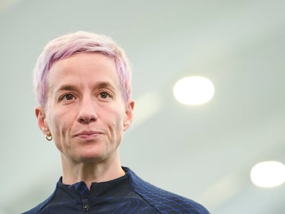 La capitana de la selección de Estados Unidos, Megan Rapinoe, este lunes en Pamplona antes del partido contra España.