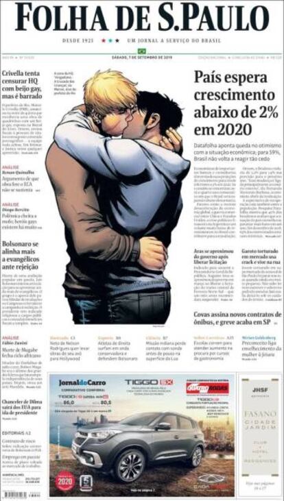 Portada de 'Folha de Sao Paulo' con la imagen de los superhéroes besándose.