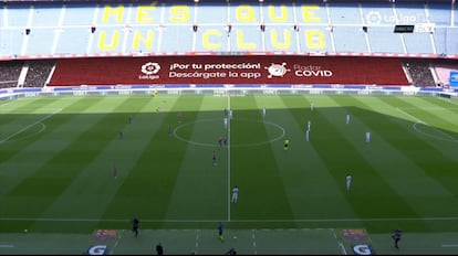 Mensaje para promocionar la aplicación Radar Covid antes del inicio de El Clásico, jugado en el Camp Nou el pasado 23 de octubre.