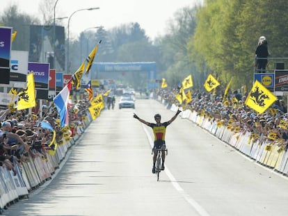 Gilbert celebra su victoria unos metros antes de cruzar la meta del Tour de Flandes.