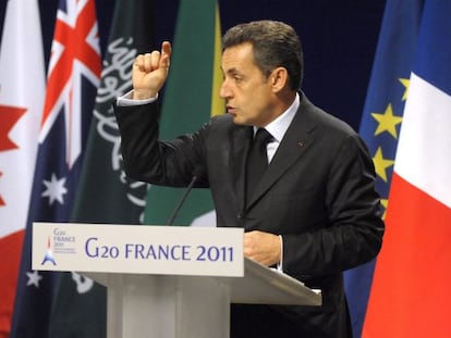 El presidente franc&eacute;s Nicol&aacute;s Sarkozy en Cannes, en la cumbre del G-20.