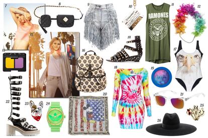 7 y 13. Bershka. 8. Moschino Riñonera con bolsillos de piel acolchada y asa de cadena. 9. Asos Shorts vaqueros con flecos. 10. Dsquared2 Cadena con colgante de cassette. 11. H&M Camiseta sin mangas de los “Ramones”. 12. Malababa Diadema con pompones de gasa multicolor. 14. Zara Sandalia con tachuelas y mini cuña. 15. NARS Dúo de sombras. 16. Bershka Mochila con print de calaveras. 17. We Are Handsome Bañador con cara de águila. 18. Topshop Vestido elástico de manga larga con tie dye. 19. Stila Sombra de ojos con pigmentos “Countless Color”. 20. Philipp Plein Foulard con print de la bandera de EE.UU. y Mickey Mouse. 21. Carrera Gafas de sol con montura de pasta transparente. 22. Acne Gladiadoras con suela de goma. 23. Me&Zena Anillo con cara de perro con pañuelo. 24. Adidas Reloj con logo en la esfera. 25. Accesorize Trío de anillos con caras sonrientes. 26. Saint Laurent Sombrero de fieltro de ala ancha.