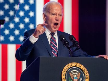 El presidente de Estados Unidos, Joe Biden, en su acto de campaña de este viernes en Blue Bell (Pensilvania).