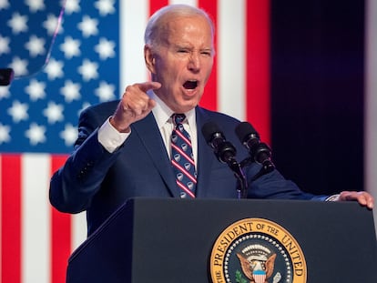 El presidente de Estados Unidos, Joe Biden, en su acto de campaña de este viernes en Blue Bell (Pensilvania).