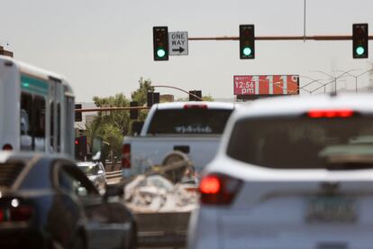 Billboard displays temperature as Phoenix breaks heat record of 19 consecutive days above 110 degrees Fahrenheit, in Phoenix, Arizona, U.S., July 18, 2023.