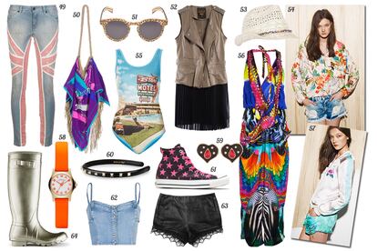 49. Superfine Jeans pitillo con la Union Jack. 50. Silent People Bolso de pañuelo de seda con flecos. 51. Illesteva Gafas de sol con montura con print de leopardo. 52. Diesel Chaleco con volante plisado. 53. SuiteBlanco Borsalino de paja con tira de cuentas. 54 y 57. Pull & Bear. 55. Topshop Body con imagen de motel. 56. Camilla Mono estampado con escote cruzado. 58. Marc by Marc Jacobs Reloj con correa y letras naranjas. 59. Bimba & Lola Pendientes en forma de corazón. 60. Valentino Diadema de piel con tachuelas. 61. Converse Sneakers modelo “All Star” con print de estrellas. 62. Mango Cropped top vaquero. 63. Rag & Bone Shorts de piel con ribete de encaje. 64. Hunter Bota de agua de caucho en dorado.