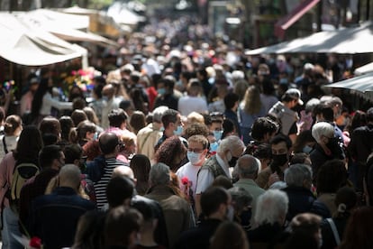 Pese a que este año los espacios emblemáticos de La Rambla y Rambla de Catalunya no tenían puestos de venta, la afluencia de personas ha sido muy notable en los dos paseos, especialmente en el primero, donde las floristas han recuperado este viernes el pulso perdido tras un año de pandemia.