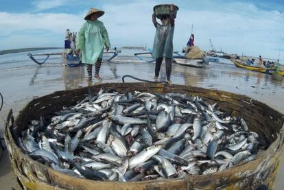 Pescadores en Kelan Beach en Badung, Bali.