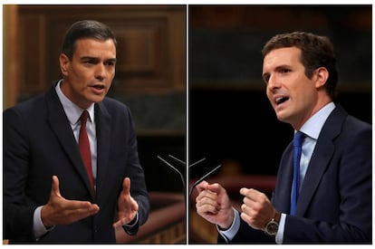 Pedro Sánchez (l) and Popular Party leader Pablo Casado.