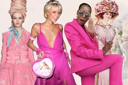 Colección de Moschino que parodia a Maria Antonieta /Paris Hilton/ Kerry Washington con traje de Argent / ilustración de una revista de moda del siglo XIX