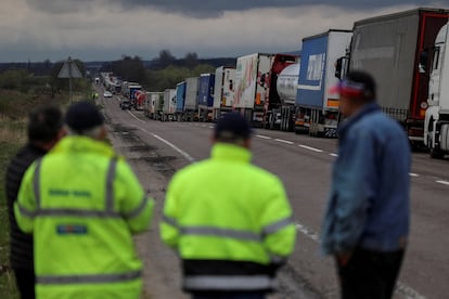 Trucks wait for crossing the Ukraine-Poland border, as Russia's attack on Ukraine continues, at the checkpoint Rava-Ruska, Lviv region, Ukraine, on April 17, 2023.