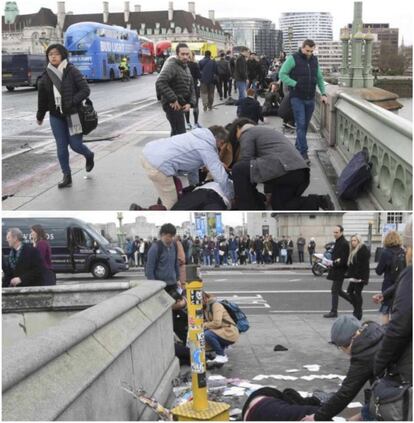 Duas fotografias de Toby Melville (Reuters) publicadas nesta quarta-feira pelo EL PAÍS, nas quais também se veem transeuntes passando pelo lado, mas que nem por isso foram acusados de nada (o que é o normal).