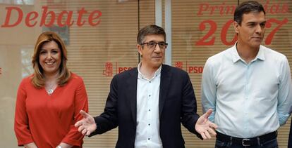 Los candidatos a la Secretar&iacute;a General del PSOE Susana D&iacute;az, Patxi L&oacute;pez y Pedro S&aacute;nchez antes del debate. 