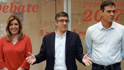 Los candidatos a la Secretar&iacute;a General del PSOE Susana D&iacute;az, Patxi L&oacute;pez y Pedro S&aacute;nchez antes del debate. 