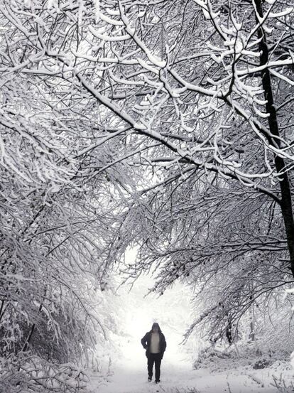 Una persona caminan a la altura de Mezquíriz, en el valle de Erro, sobre un manto blanco, en una jornada en la que la nieve ha llegado a Navarra.