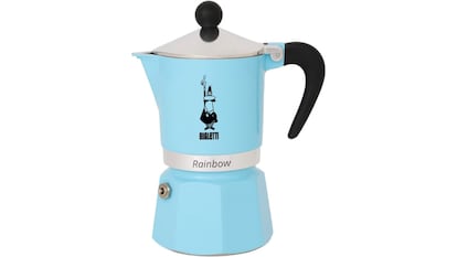 Cafetera Bialetti, modelo Rainbow. En la imagen, de color azul, aunque se vende también en amarillo, naranja y rojo.