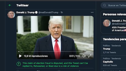 El video en el que Trump avivaba el "fraude electoral" y pedía a los manifestantes "regresar a casa" tras haber invadido el Capitolio, fue retirado de Twitter.