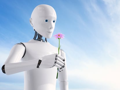 Un modelo en 3D de un robot sostiene una flor.