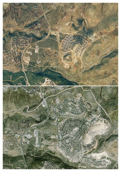 Arriba, Modiin Illit en 1997. Abajo, el asentamiento en 2014.