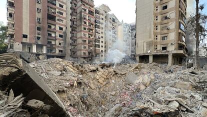 A building completely destroyed by an Israeli bombardment in the Dahieh neighborhood in southern Beirut, on October 5, 2024.