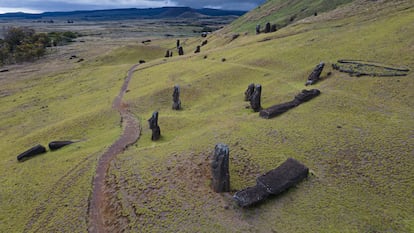 Moais on the slopes of the Rano Raraku volcano in Rapa Nui, Chile, in November 2022.