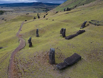 Moais on the slopes of the Rano Raraku volcano in Rapa Nui, Chile, in November 2022.