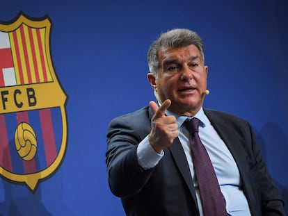 El presidente del Barcelona, Joan Laporta, durante la presentación de los resultados de la forensic.