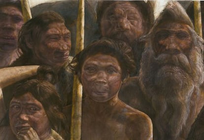 Ilustración de un grupo de homínidos de la Sima de los Huesos.