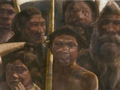Ilustração de um grupo de hominídeos da Sima dos Ossos.
