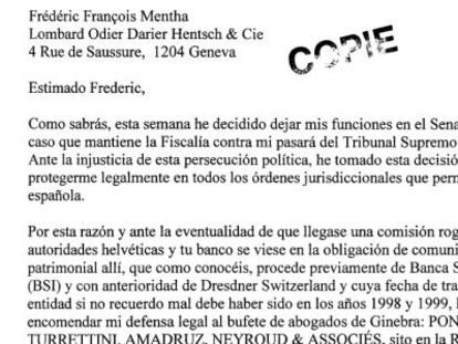 La carta que Bárcenas envió a su banco.
