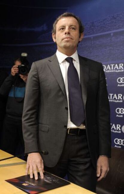 Sandro Rosell, durante la rueda de prensa en la que anunció su dimisión como presidente del Barcelona