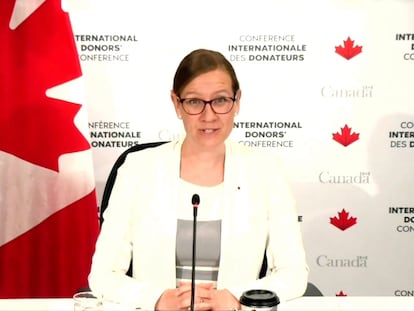 La ministra de Desarrollo Internacional de Canadá, Karina Gould, anfitriona de la conferencia internacional de donantes en solidaridad con los migrantes y refugiados venezolanos.